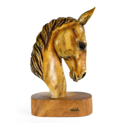 18" Solid Wood Hand Carved Horse Art Head Statue Sculpture Handcrafted Handmade Wooden Decorative Home Decor Accent Decoratio