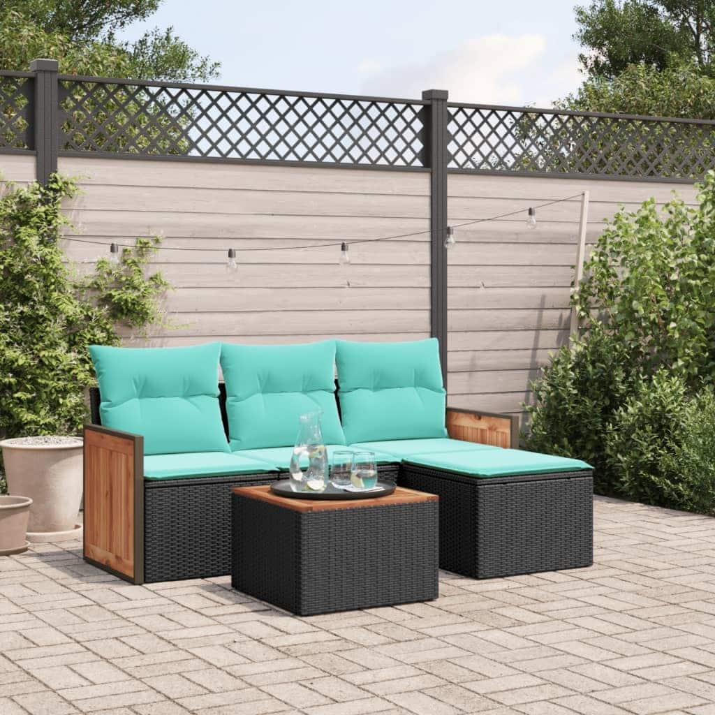 vidaXL 5 Piece Patio Sofa Set with Cushions Black Poly Rattan - 21.7 x 24.4 x 27.2