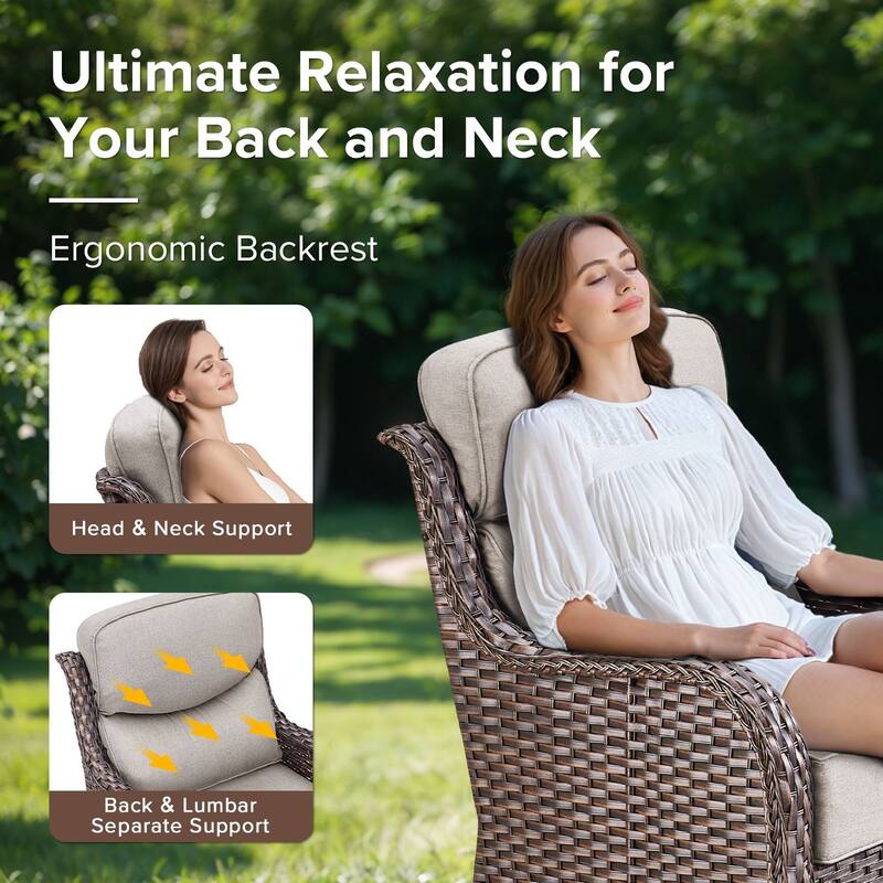 Gymojoy 9-Piece Wicker Patio Furniture Sofa Set with Fire Pit Table, 6-Inch Thick Cushion Swivel Glider Chairs & Ottomans