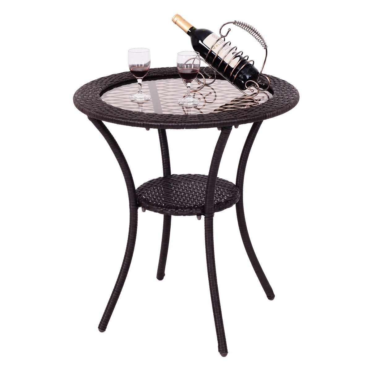 Costway Round Rattan Wicker Coffee Table Glass Top Steel Frame Patio On Sale Overstock 16680259