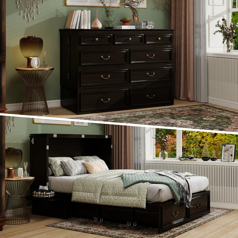 Solid Wood Murphy Bed Full Size with Storage | Space Saving Walnut Cabinet Bed with Easy Pull-Out Mechanism for Bedroom - Dark Brown
