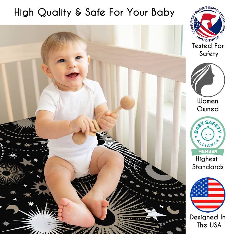 Sweet Jojo Designs Black Space Moon and Stars Boy, Girl, Unisex/Gender Neutral Fitted Crib Sheet - Gold & Silver Celestial, Sky