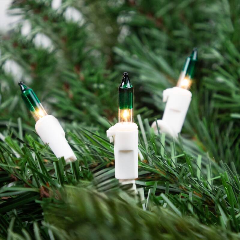 Mini Christmas Light Set - Clear with Green Tips - 20.25' White Wire - 100ct