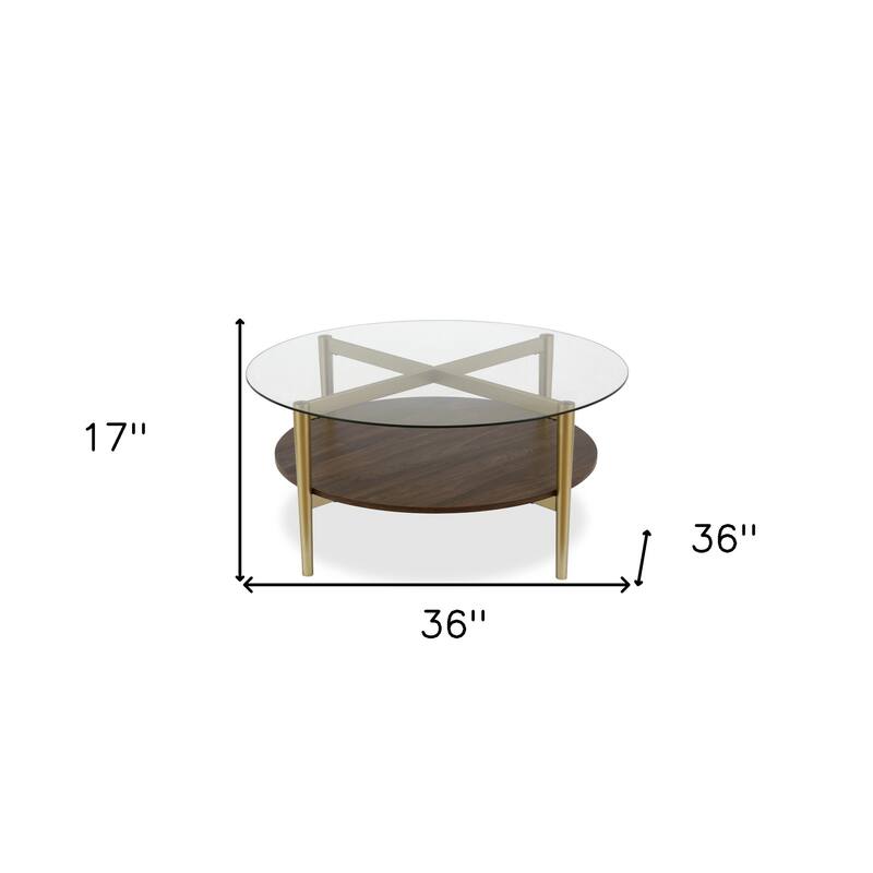 36-Inch Round Glass Coffee Table with Gold Steel Base and Shelf for Storage Modern Living Room Accent Piece - 36"L x 36"W x 17"H