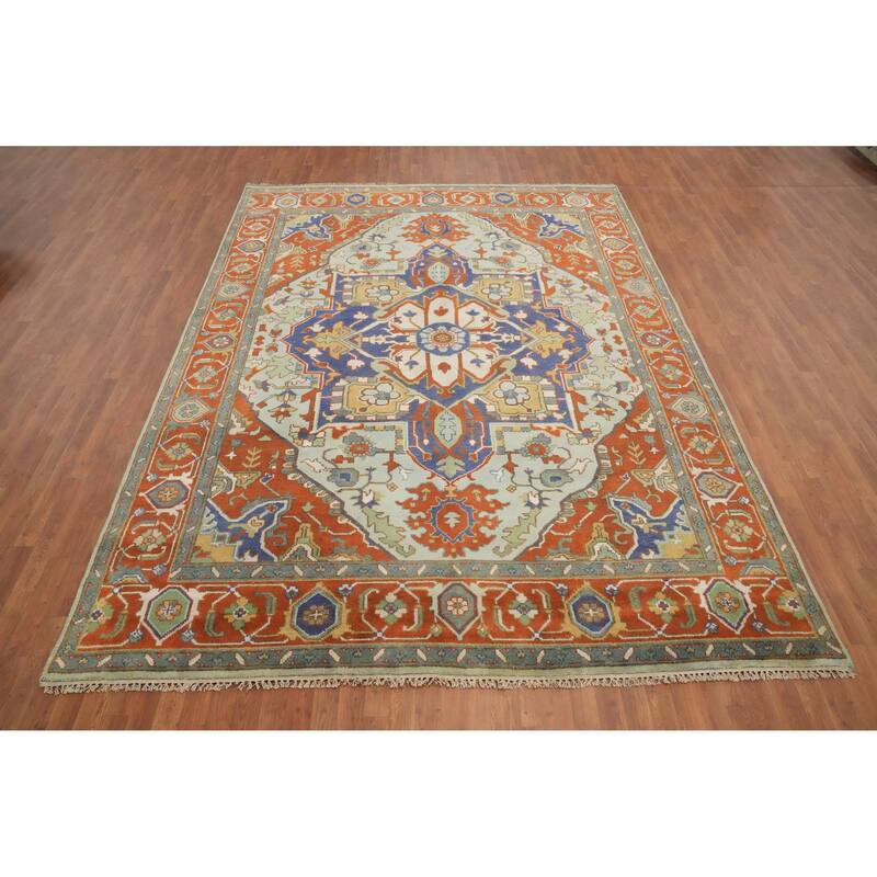 Hand Knotted Oriental 100% Wool Carpet Traditional Medallion Green Heriz (serapi) Area Rug - 11' 11'' X 8' 11''