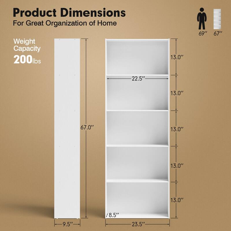 5-Shelf Multi-Functional Wood Bookcase for Home Office - 23.5" x 9.5" x 67"