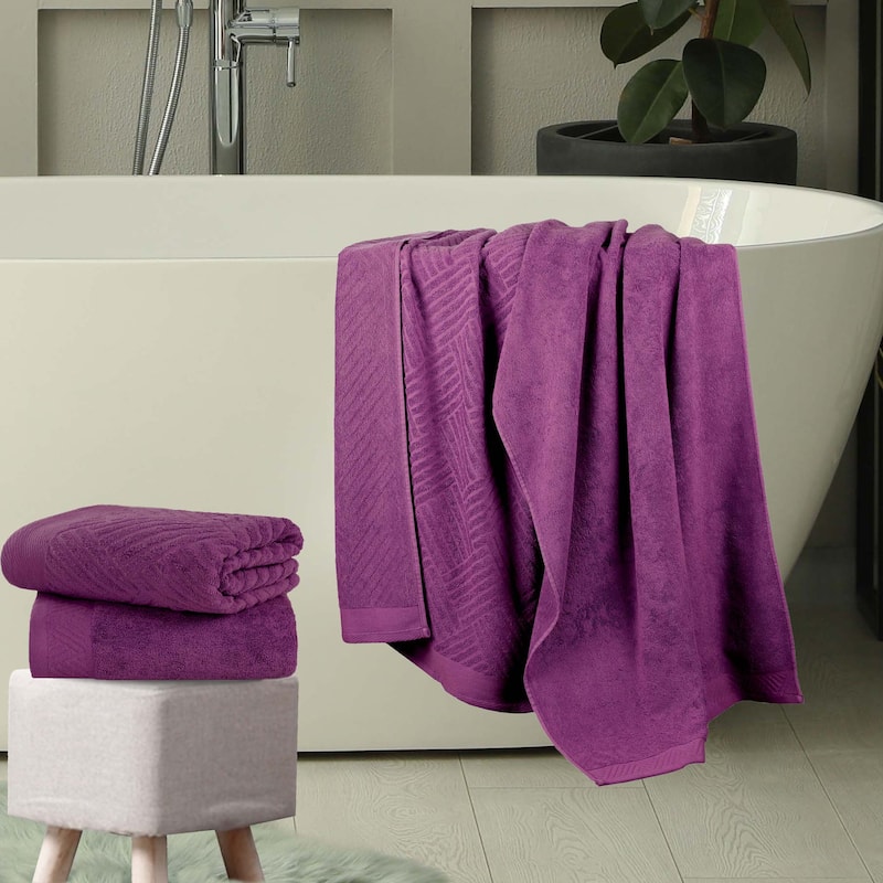 Superior Basketweave Egyptian Cotton Jacquard and Solid Bath Towel Set of 4 - Majestic Purple