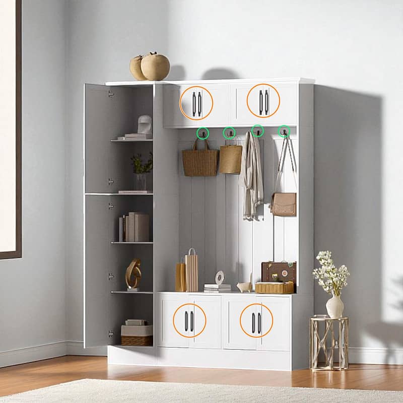 79" Modern Hall Tree with Bench, 6 Cabinets, Adjustable Shelf & 4 Hooks, Entryway Storage Organizer for Shoes and Coats