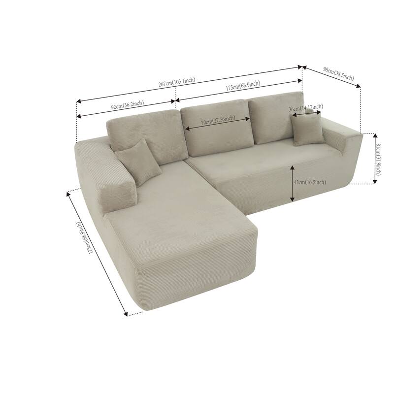Oversized Corduroy Corner Sofa with Chaise, Boneless L-Shaped Sectional Couch, Modular Deep Seat Couches with Pillows