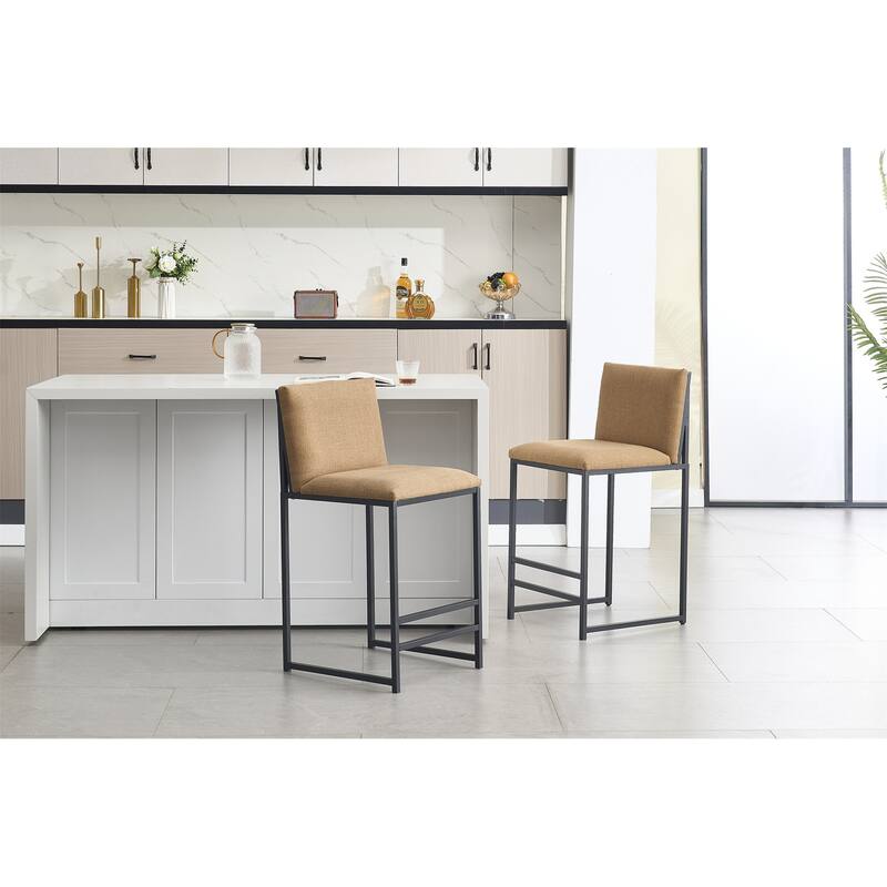 Counter Height Bar Stools Set of 2, Upholstered Linen Bar Chairs, Metal Footrest and Frame. - Coffee