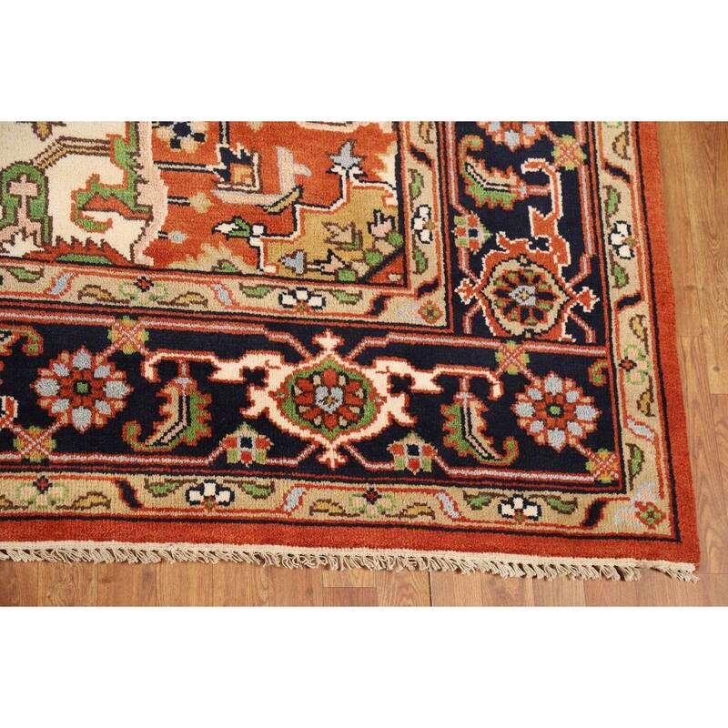 Medallion Heriz Serapi Indian Rug Hand-Knotted Orange Wool Carpet - 8'10"x 11'11"