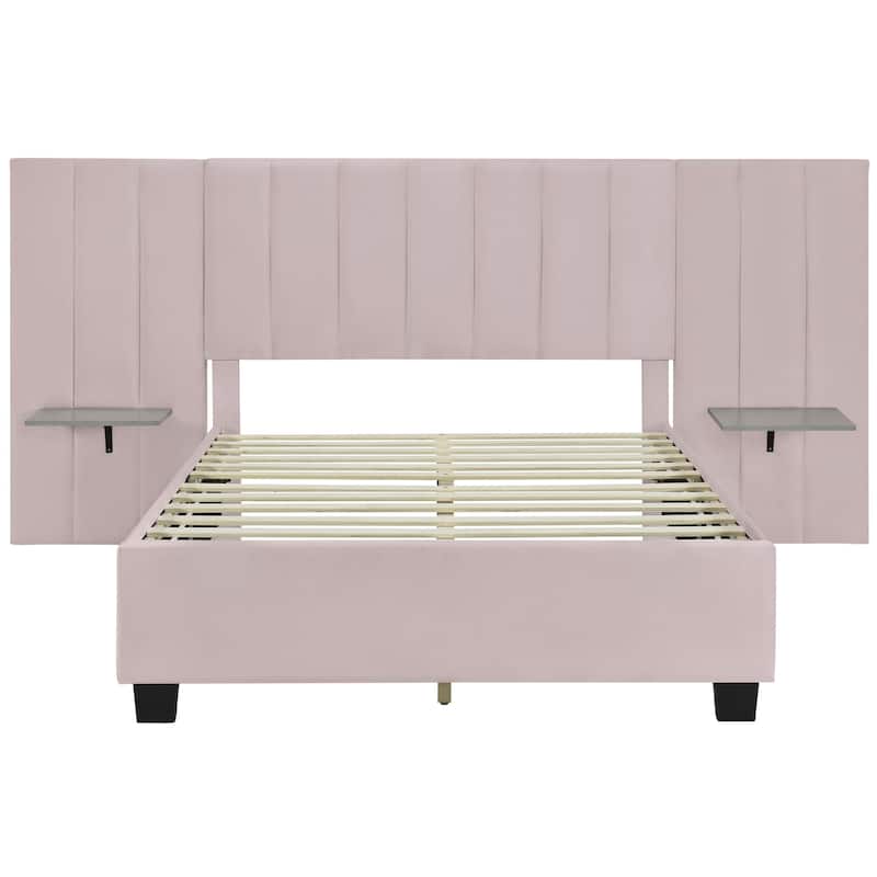 HomeRoots Pink Tufted Velvet Upholstered Lighted Full Bed Frame
