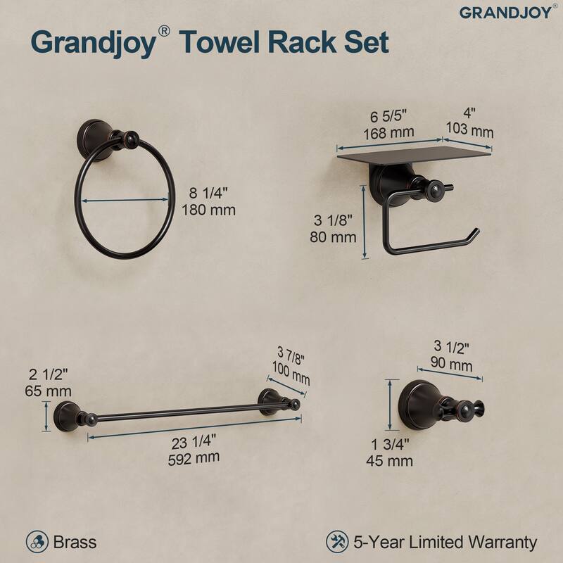 GRANDJOY 4-Piece Bathroom Hardware Set with 23-Inch Single Towel Bar and Shelf Toilet Paper Holder