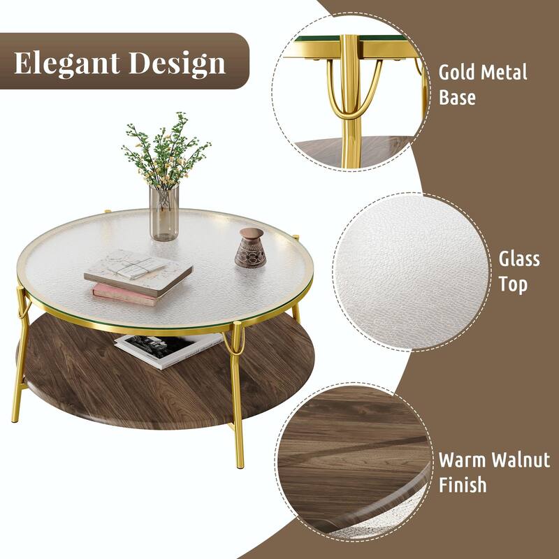 29.9" Modern Round Walnut 2-Tier Coffee Table with Glass Top and Gold Base