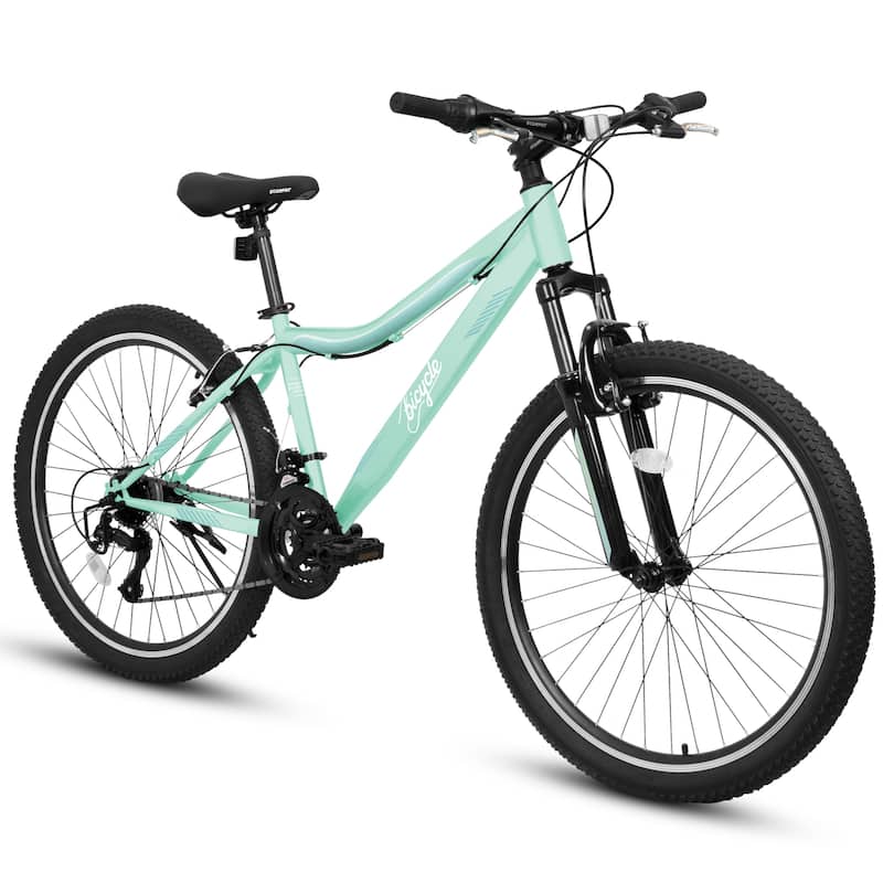 Mountain Bike High-Density Carbon Steel Frame, 21 Speed Road Bicycle with Front Suspension, Dual V-Brakes, 80% Pre-Assembled - Green