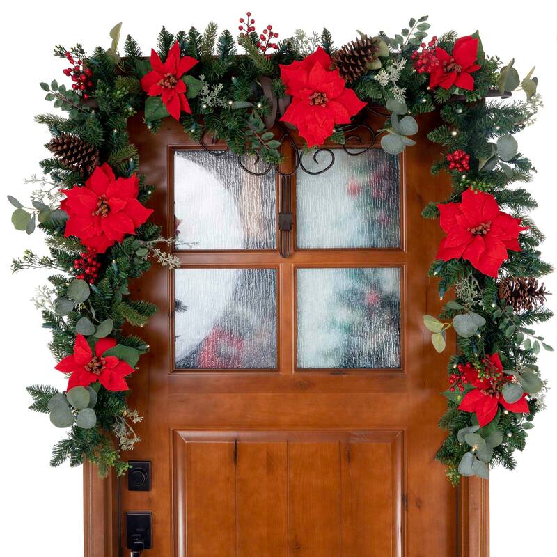 9 ft. Artificial Christmas Garland with Lights - Christmas Poinsettia - 9 Foot