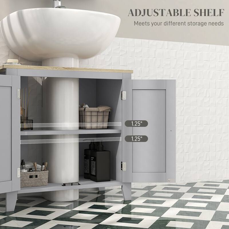 Grey Bathroom Storage Cabinet with Adjustable Shelf and Wood Grain Top for Under Sink Organization