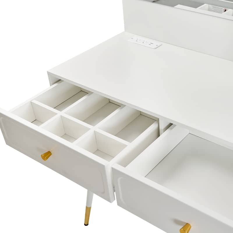 Modern Makeup Vanity Set with PU Cushioned Stool, Retractable Dressing Table Vanity Desk with Mirror, Light & Power Outlet