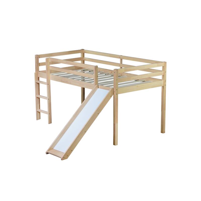 White Oak Twin Low Loft Bed with Slide, Ladder & Safety Rails - Rubber Wood Kids Bunk Bed