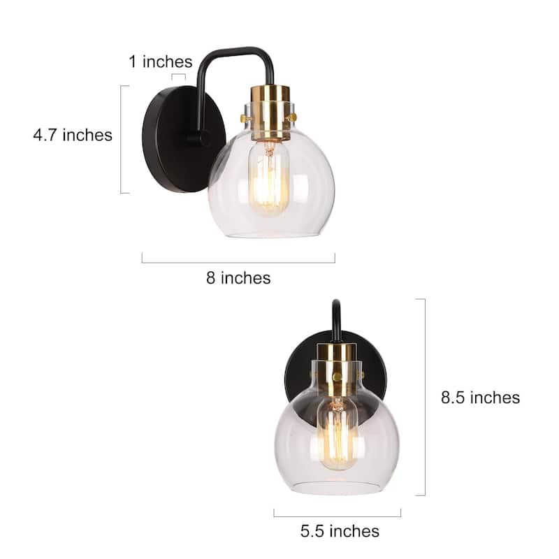 Modern 1-Light Black Gold Wall Sconces Dimmable Bathroom Vanity Light with Globe Glass - 5.5" L x 8" W x 8.5" H