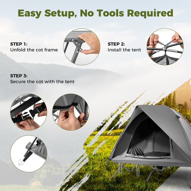 Grey Oxford Cloth Metal Elevated Camping Cot Tent for 2 Persons with Wheeled Bag - 77" x 71" x 59"