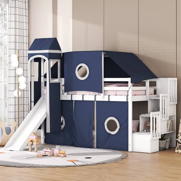 slide 2 of 20, Twin Size Wooden Loft Bed with Tent and Tower - Kids' Bedroom Furniture Blue/White