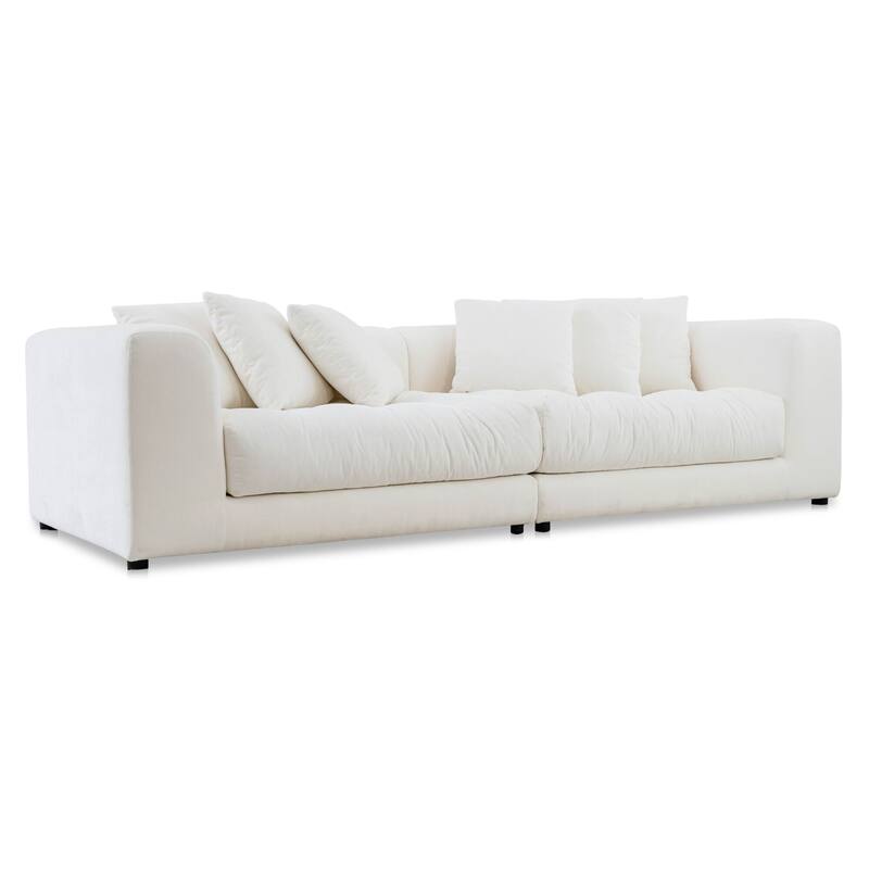 NADAAL STUDIOS Lioraelle Sofa, Soft Velvet Upholstery with Tufted Bench Seat and Six Back Cushions, Warm White