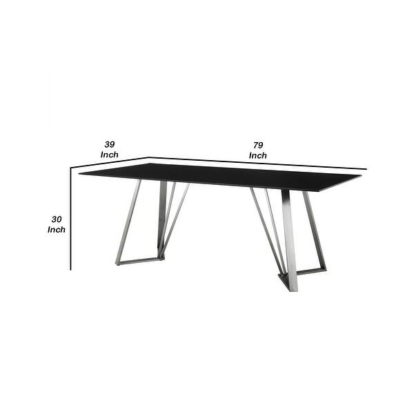 Glass Top Dining Table with Geometric Metal Legs, Black and Silver On