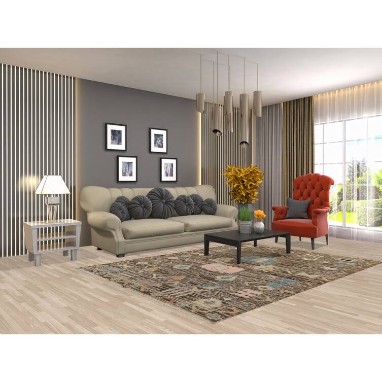 Vegetable Dye Oushak Turkish Rug Handmade Brown Floral Wool Carpet - 5'8" x 7'10"