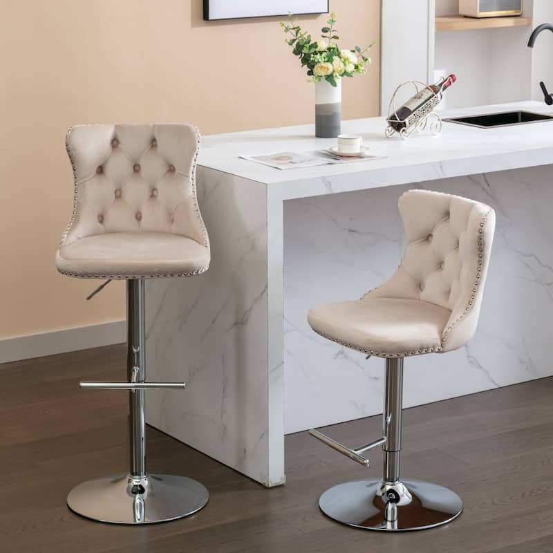 GDF Studio - Modern Upholstered Swivel Velvet Bar Stools with Adjustable Seat Height and Tufted Back (Set of 2) - Beige
