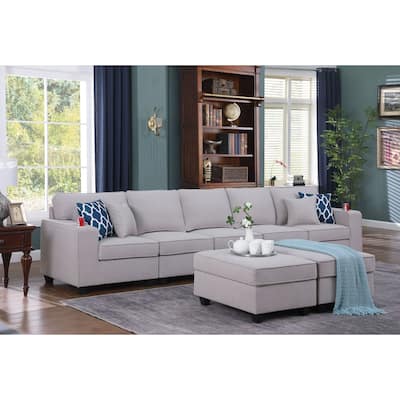 Linen Upholstered 5-Seater Sofa with 2 Ottomans in Light Gray