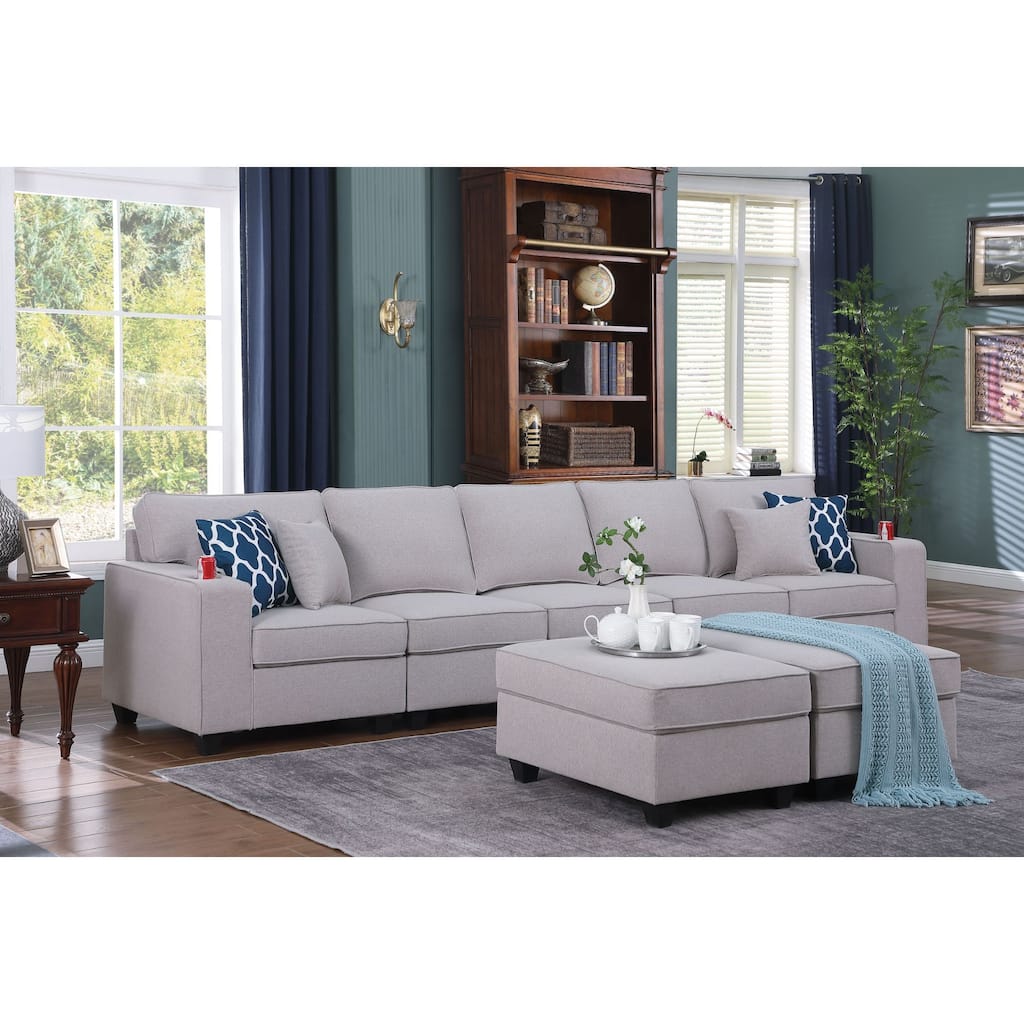 Linen Upholstered 5-Seater Sofa with 2 Ottomans in Light Gray