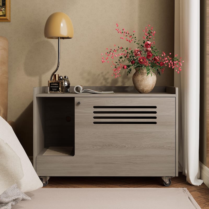 Cat Litter Box Enclosure,Hidden Litter Box Furniture with top side fence,Wooden Pet House Side End Table,Storage Cabinet Bench