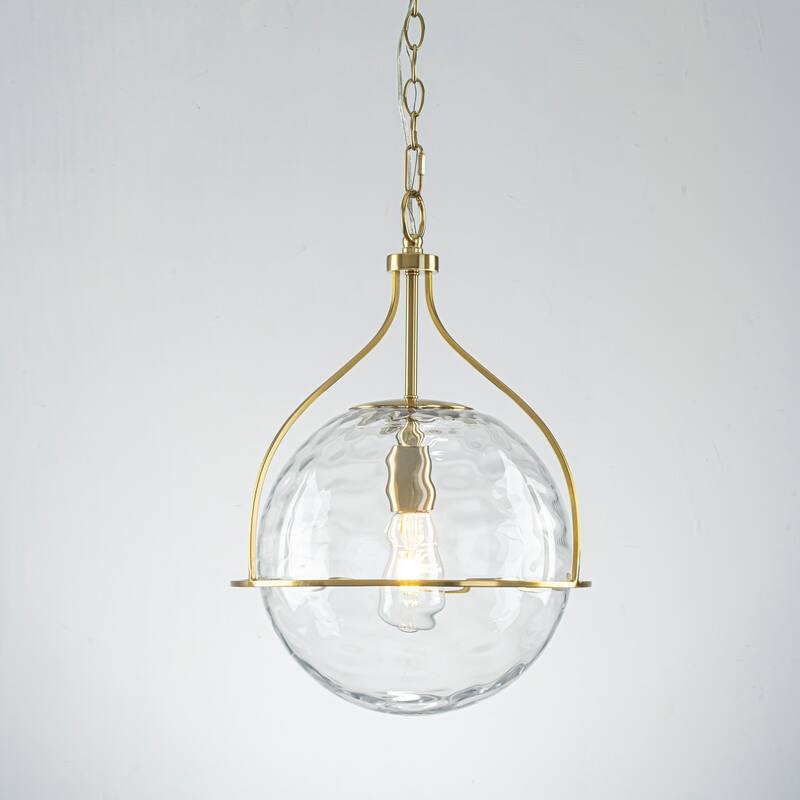 1-Light Modern Transitional Metal & Glass Pendant with Water-Ripple Glass Sphere for Living Room - 13.2" W x 19.3" H