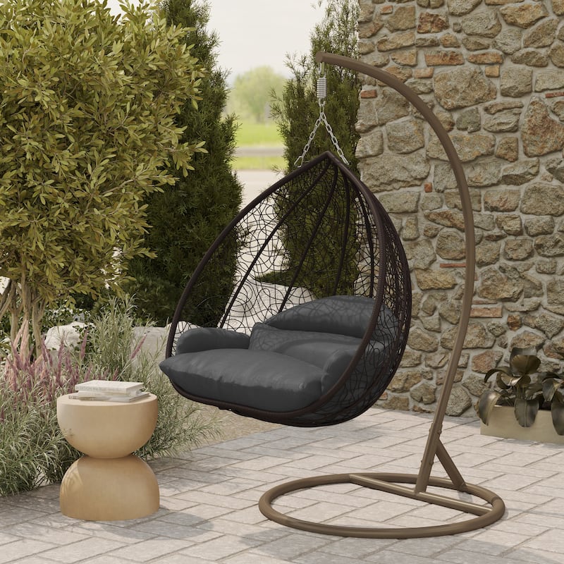 2-Person Egg Swing Chair in Brown Stainless Steel 2-Seater Porch Swing with Stand for Outdoor and Indoor - 77.95" Height