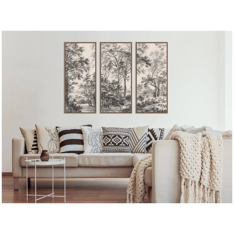 Kate and Laurel Wooded 1648 Antonie Waterloo Linen Panel 3 Piece Framed Canvas Wall Art Set by Nostalgia Prints