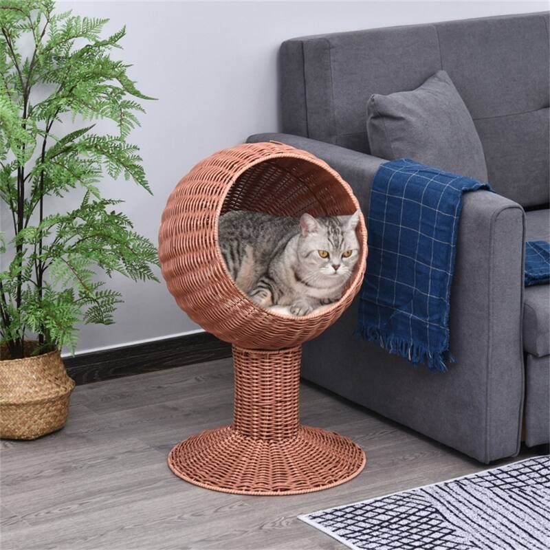 Rotating Cat Hut with Plush Bed Elevated Cozy Hideaway for Cats Up to 10 lbs Brown Portable