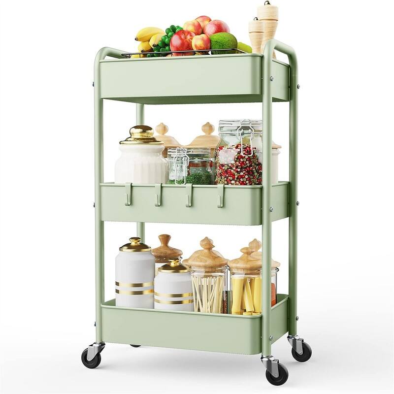 3 Tier Rolling Storage Cart Metal Trolley Utility Cart with Wheels - 15.7"D x 7.1"W x 35.9"H - Green