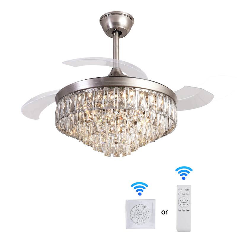 42 inch Reversible Retractable Modern Decorative Silver/white Ceiling Fan With Light and Remote - 42inch - Silver - Crystal