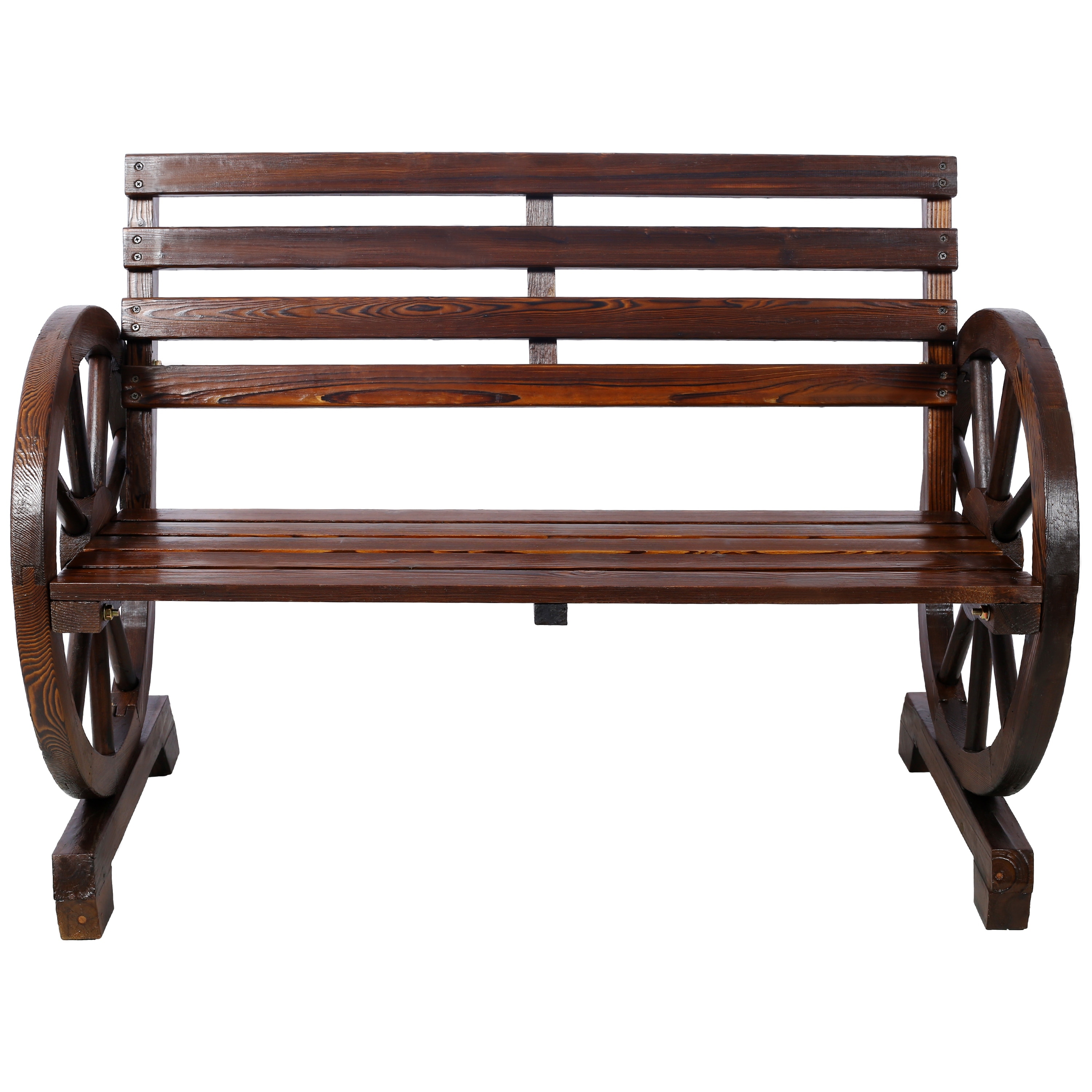 Two-Person Wooden Wagon Wheel Bench With Slatted Seat And Backrest For Patio