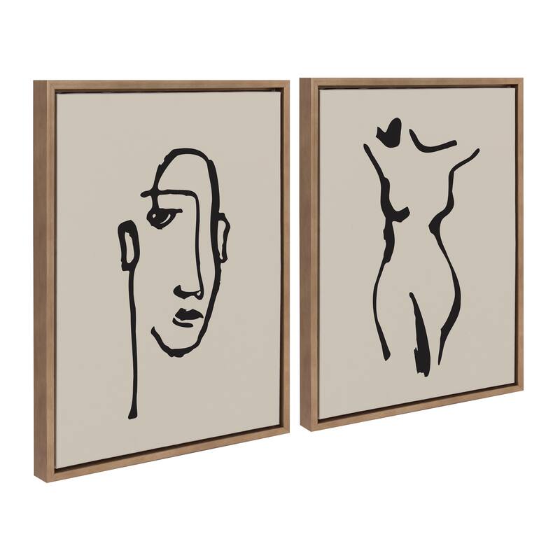 Kate and Laurel Sylvie Minimalist Neutral Line Art Drawing Face and Body Framed Canvas Art Set by The Creative Bunch Studio - 2 Piece Set 18x24 - Gold