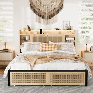 Queen Upholstered Bed with Storage, LED Lights, Built-in Charging Ports, Natural