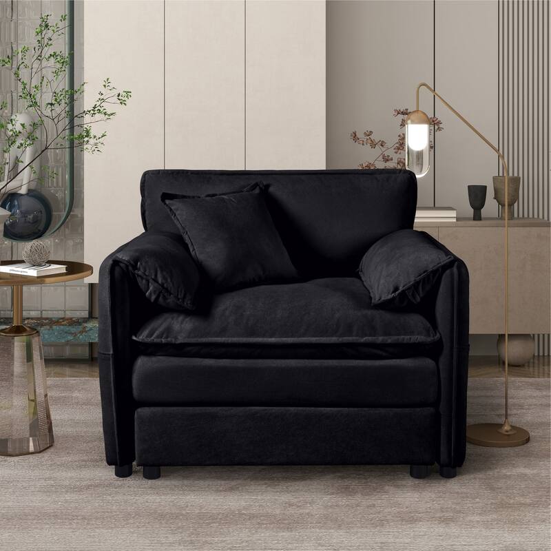 Chenille Armchair Deep Seat Accent Chair Single Sofa Chair with Side Pockets, Armrest Pillows and Thickened Seat Cushion - Black