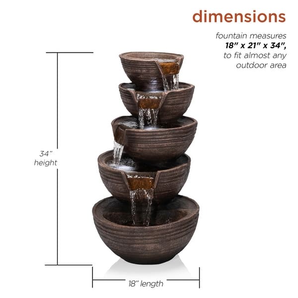 Alpine Corporation 34" Tall Outdoor 5-Tier Modern Bowl Cascading Waterfall Fountain with LED Lights