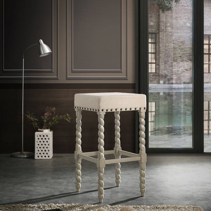 30" Gray and Ivory Nailhead Trimmed Bar Stool with Barley Twist Legs