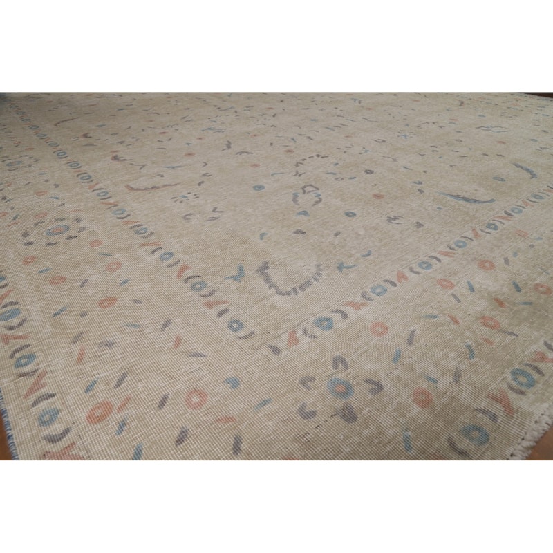Distressed Floral Tabriz Persian Area Rug Hand-Knotted Wool Carpet - 9'5"x 10'10"