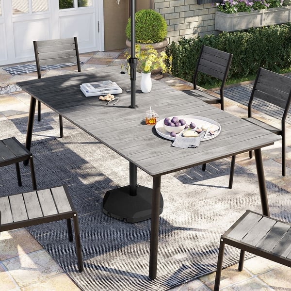 cheap patio table and chairs with umbrella Lark 5 Piece All-Weather Deck or Patio Set-2 Stacking Faux Teak Chairs, 35" Square Faux Teak Table, Navy Umbrella & Base