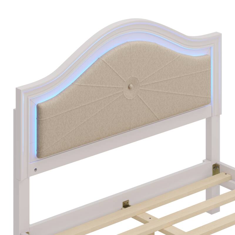 Modern Full Size Wood Bed with Curved Upholstered Headboard, Hidden LED Lights, No Box Spring Needed