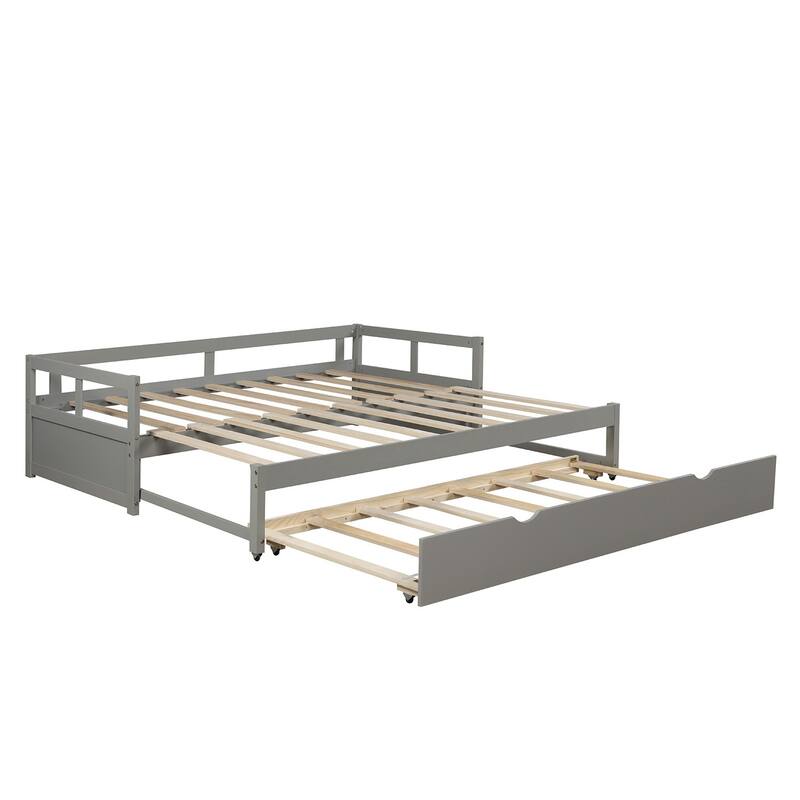 Extending Daybed with Trundle, Wooden Daybed with Trundle, Gray, for Bedroom