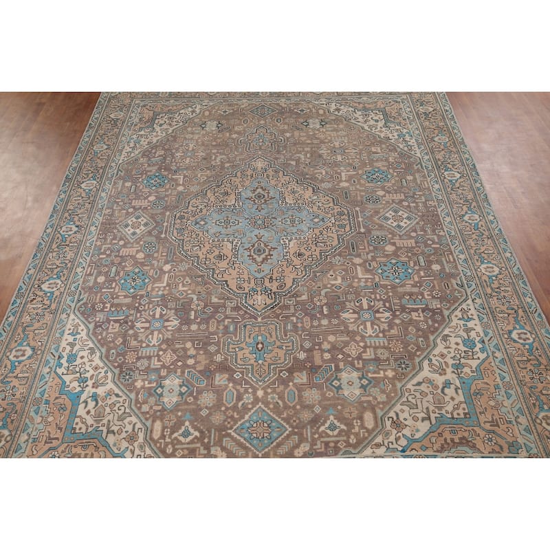 Brown Distressed Tabriz Vintage Persian Area Rug Handmade Wool Carpet - 8'3" x 11'4"